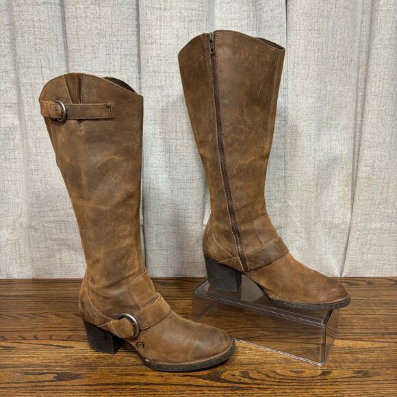Born Brown Leather Riding Boots Women’s 8.5 Tall Harness Buckle Block Heel - Picture 1 of 8